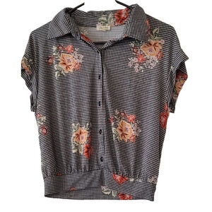 Lily White Medium Button Up Y2K Floral Checkered Blouse Houndstooth Black White